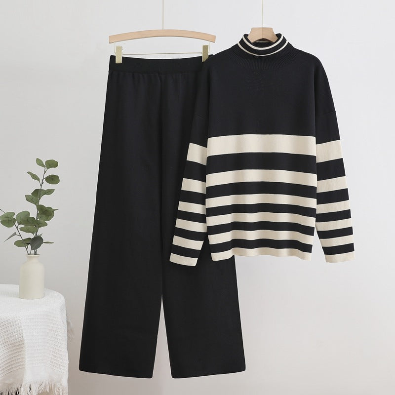 Damen Komfortables Strick-Loungewear-Set mit hohem Kragen und breiten Streifen Drune