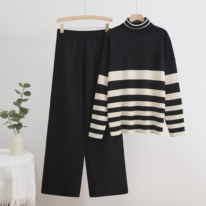 Damen Komfortables Strick-Loungewear-Set mit hohem Kragen und breiten Streifen Drune