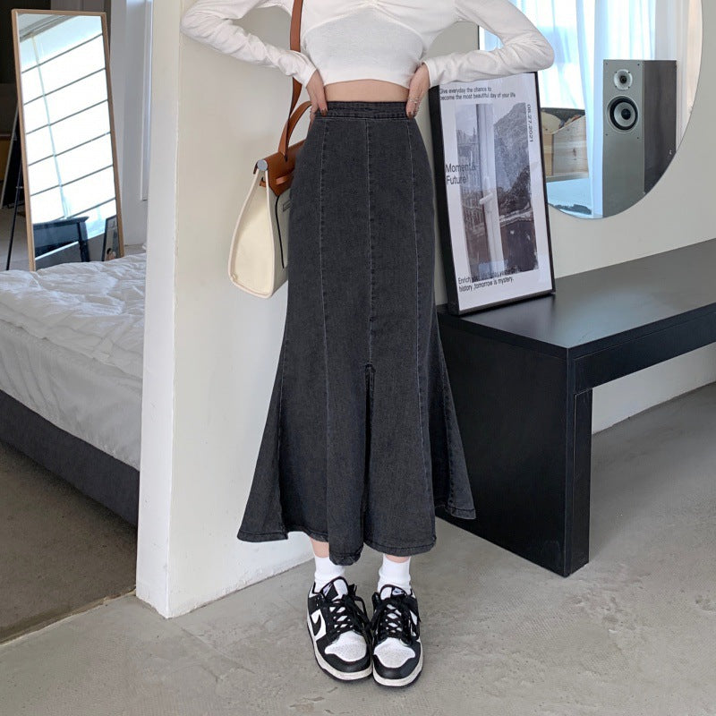 Damen Flared Denim-Rock mit hohem Schlitz Drune