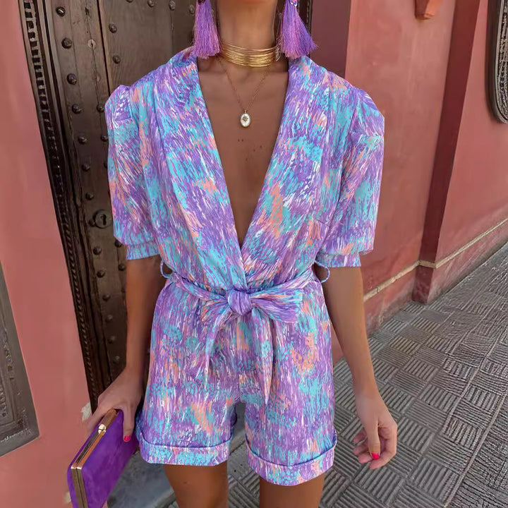 Damen modischer Jumpsuit mit modernen Puffärmeln und buntem Grafikdesign Drune
