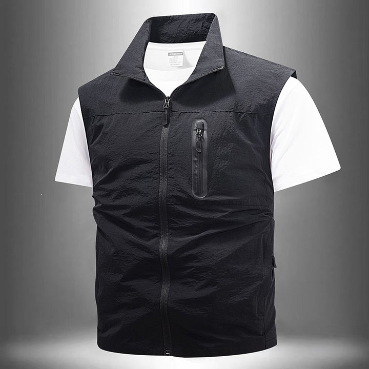 [Herren Leichte technische Utility-Weste mit hohem Stehkragen, wasserabweisenden Reißverschlusstaschen und Brustzip-Tasche] Drune