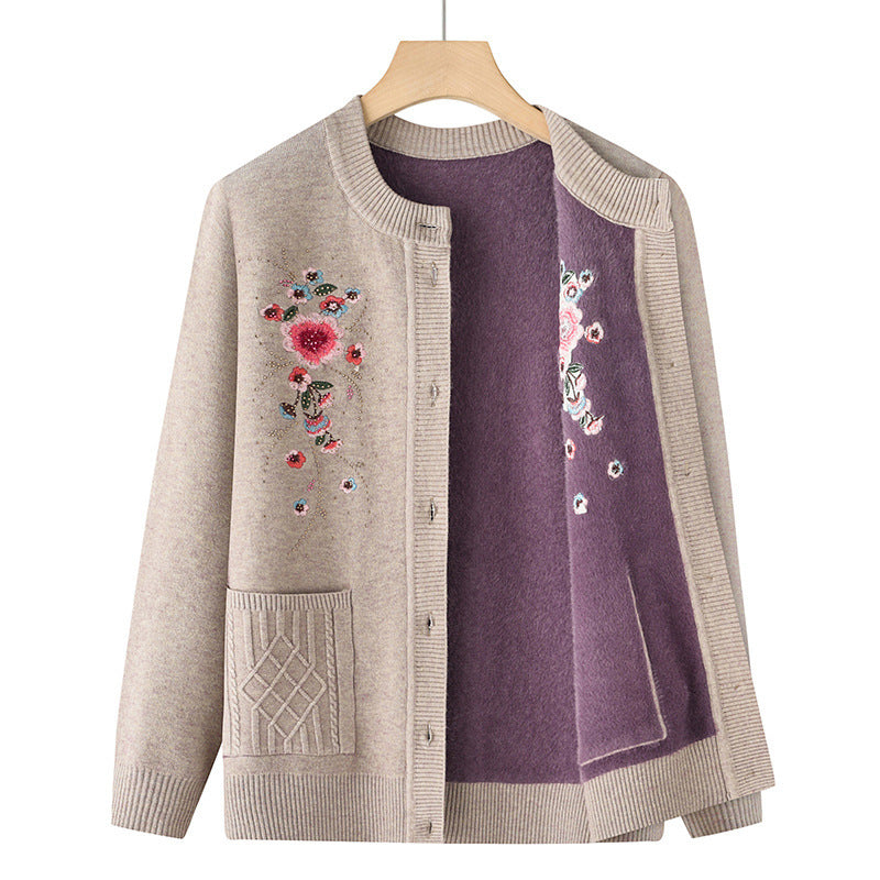 Damen nan bestickte Strickjacke mit Rundhalsausschnitt, Zierknopfleiste und aufgesetzten Taschen Drune