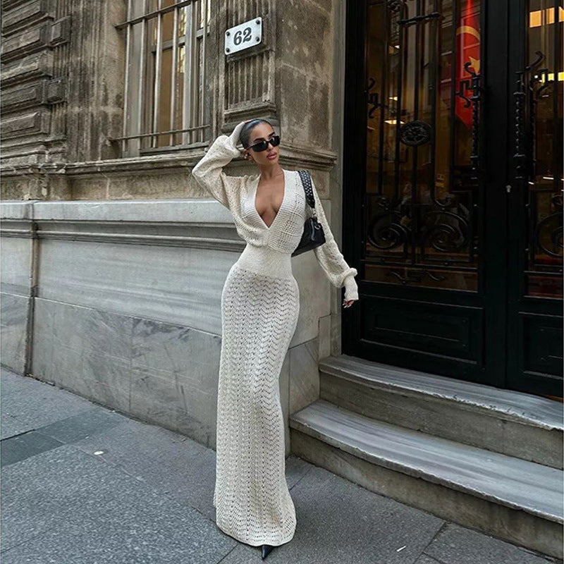 Damen elegantes gehäkeltes Maxikleid mit tiefem V-Ausschnitt Drune