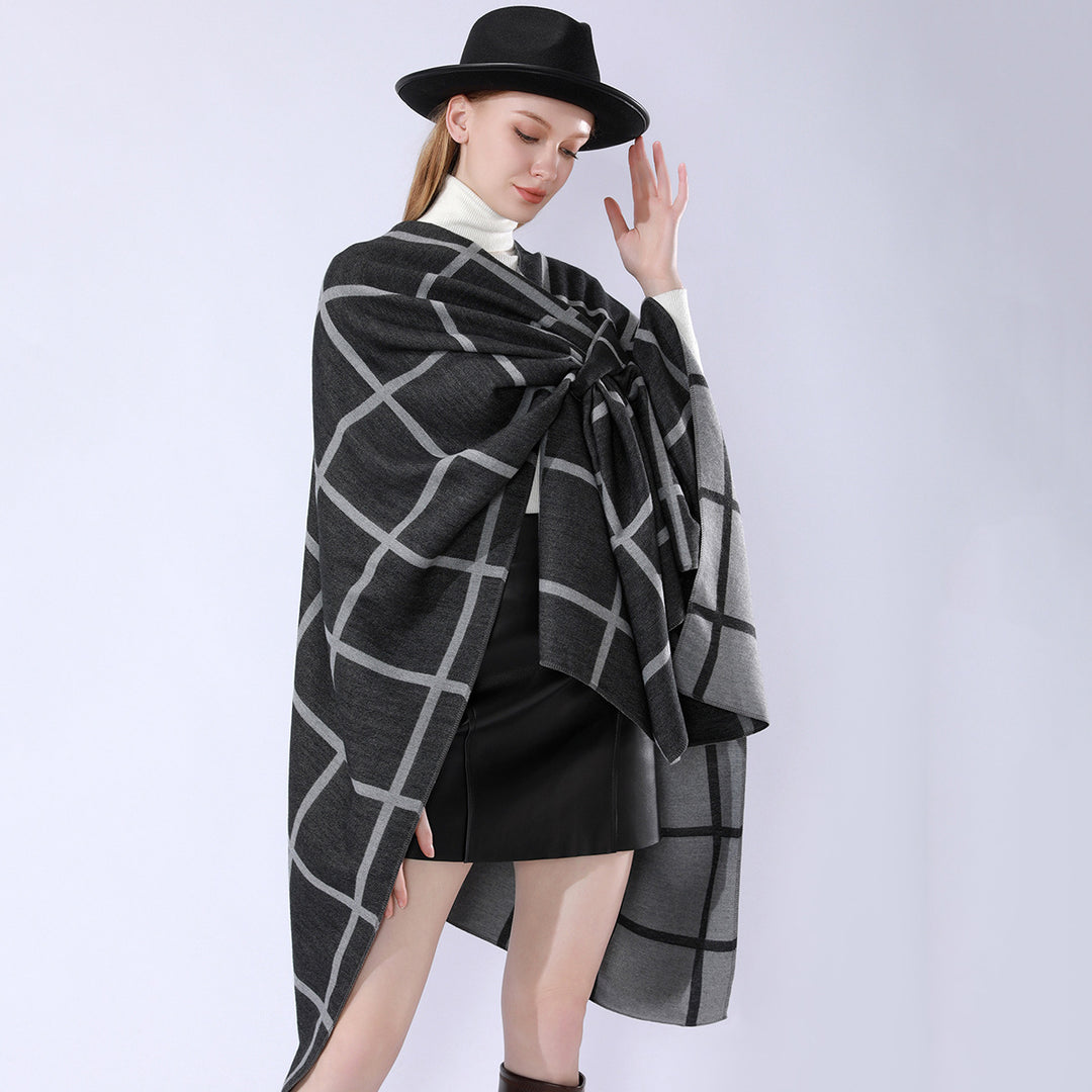 Damen Oversize Wollmix Poncho mit Gürtel und Karomuster Drune