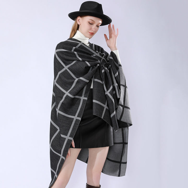 Damen Oversize Wollmix Poncho mit Gürtel und Karomuster Drune
