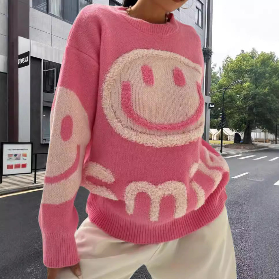 Damen Strickpullover mit fröhlichem Emoji-Motiv und komfortablem Schnitt Drune