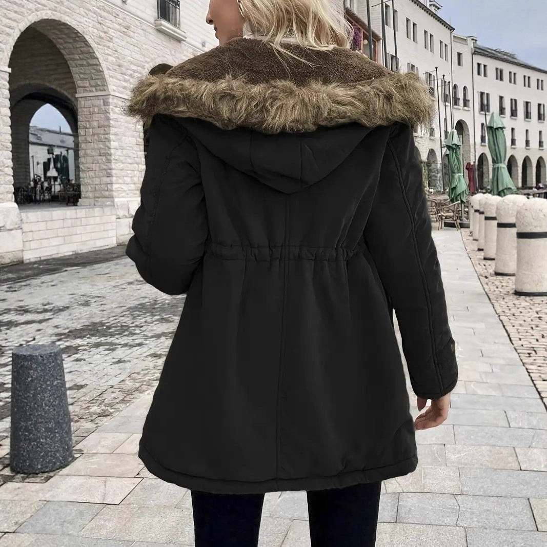 Damen taillierter Parka mit Teddyfutter, Kunstfellkapuze und Multifunktions-Taschen Drune