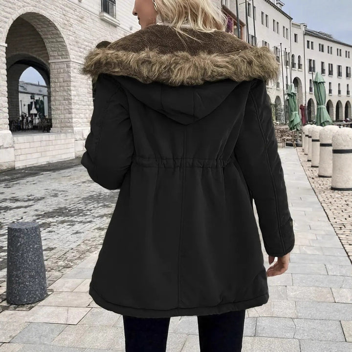 Damen taillierter Parka mit Teddyfutter, Kunstfellkapuze und Multifunktions-Taschen Drune