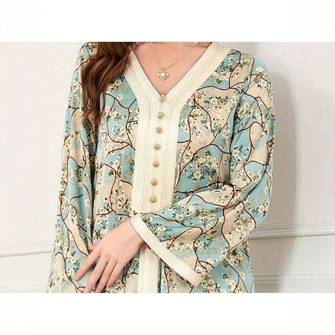 Damen Maxikleid mit kunstvollem Blumenmuster und Knopfdetails Drune