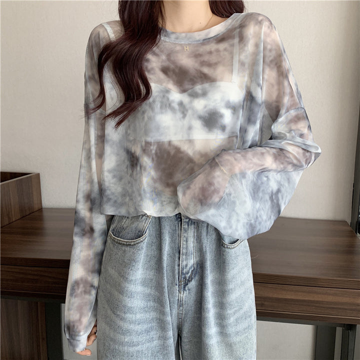 Damen transparenter Longsleeve-Oberteil mit modernem Tie-Dye-Muster Drune