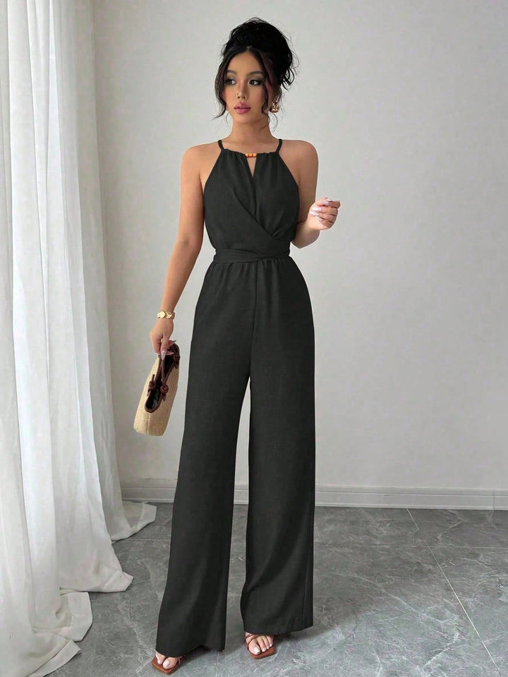 Damen Ärmelloser Neckholder-Jumpsuit mit Wickeloberteil und weitem Bein Drune