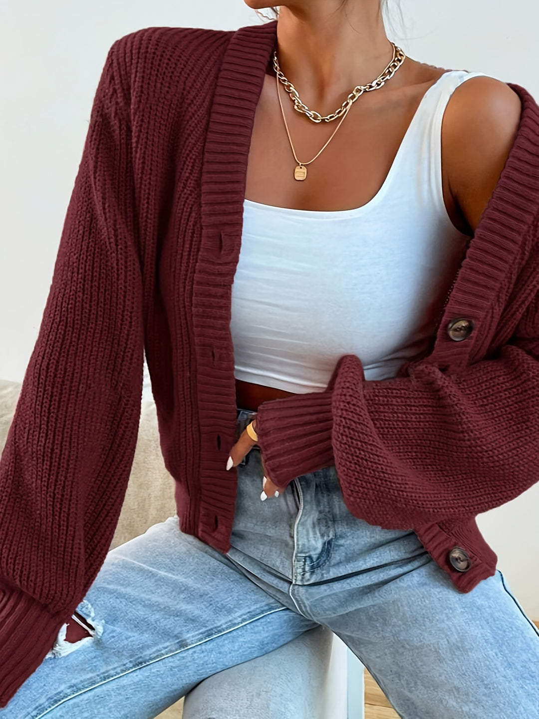 Damen bequeme Strickjacke mit schickem V-Ausschnitt Drune