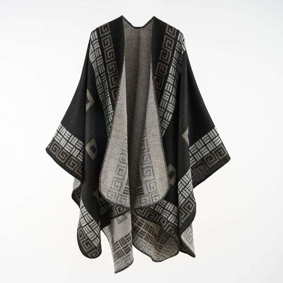 Damen Kastiger Wollmix-Ruana mit kontrastiertem Innenfutter und grafischem Jacquard Drune