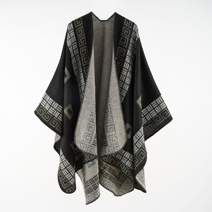 Damen Kastiger Wollmix-Ruana mit kontrastiertem Innenfutter und grafischem Jacquard Drune
