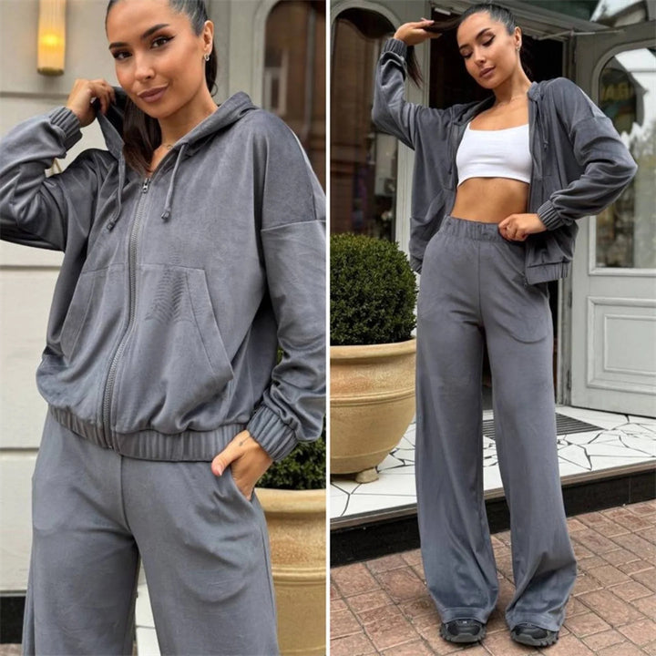 Damen Velours-Zip-Kapuzenjacke mit Marlene-Jogginghose Lounge-Set Drune