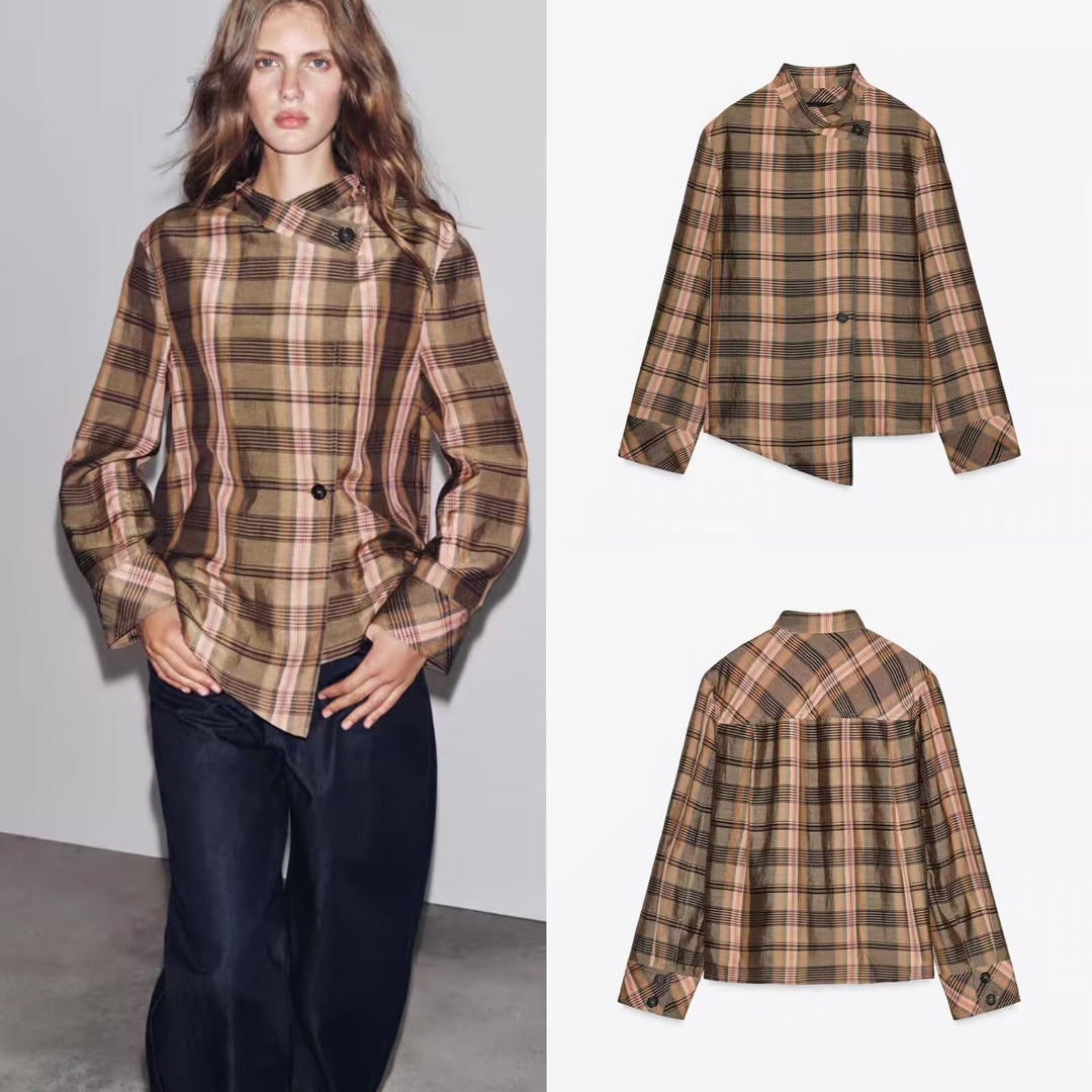 Damen Asymmetrische Cape-Bluse im Karo-Muster mit Stehkragen und Knopfverschluss Drune