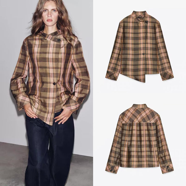Damen Asymmetrische Cape-Bluse im Karo-Muster mit Stehkragen und Knopfverschluss Drune
