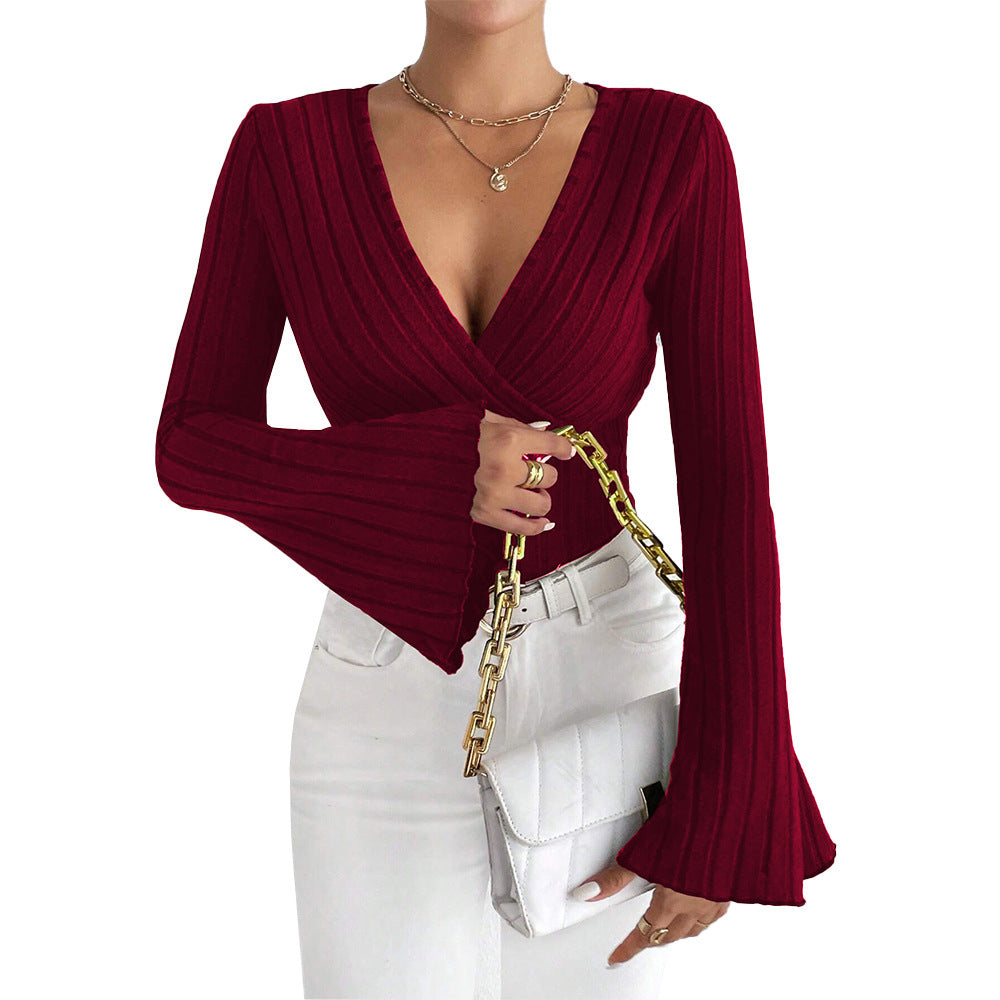 Damen gerippte Wickel-Strickbluse mit tiefem V-Ausschnitt und ausgestellten Glockenärmeln Drune