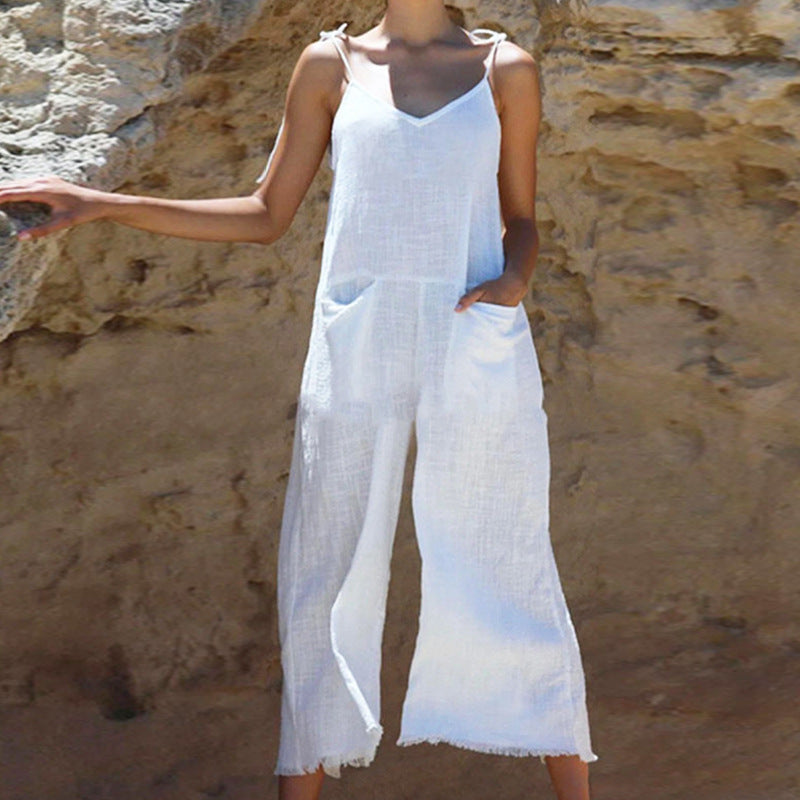 Damen Leinen-Jumpsuit mit stylischem V-Ausschnitt und praktischen Taschen Drune