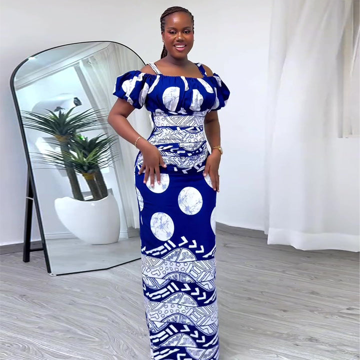 Damen Maxikleid mit voluminösen Puffärmeln und grafischem Muster Drune