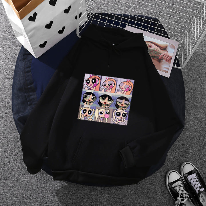 Damen nan lässiger Kapuzenpullover mit quadratischem Cartoon-Collageprint weiches Fleece Innenfutter und aufgesetzter Kängurutasche Drune