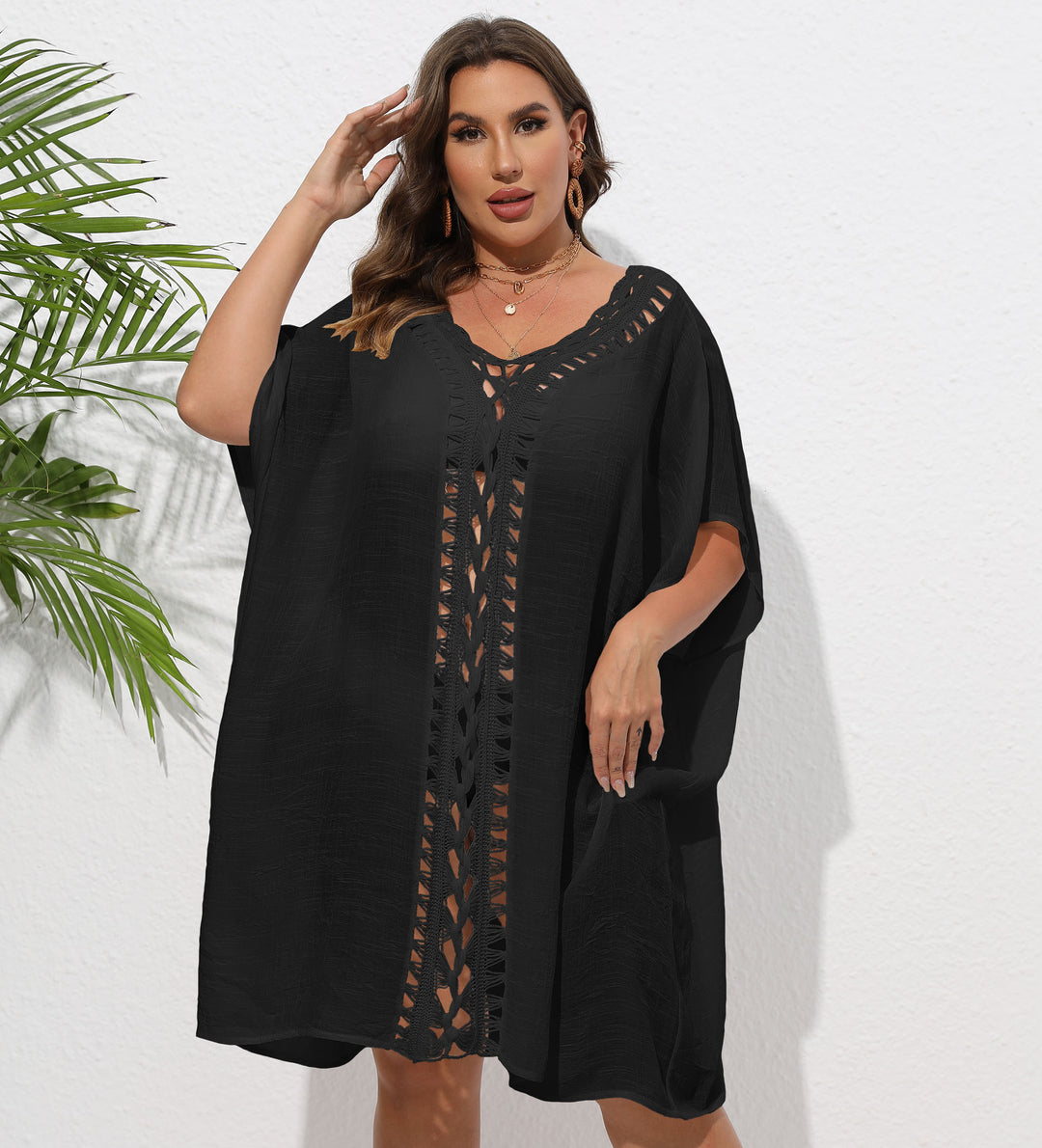 Damen Luftiger Strandkimono mit dekorativer Häkelspitze Drune