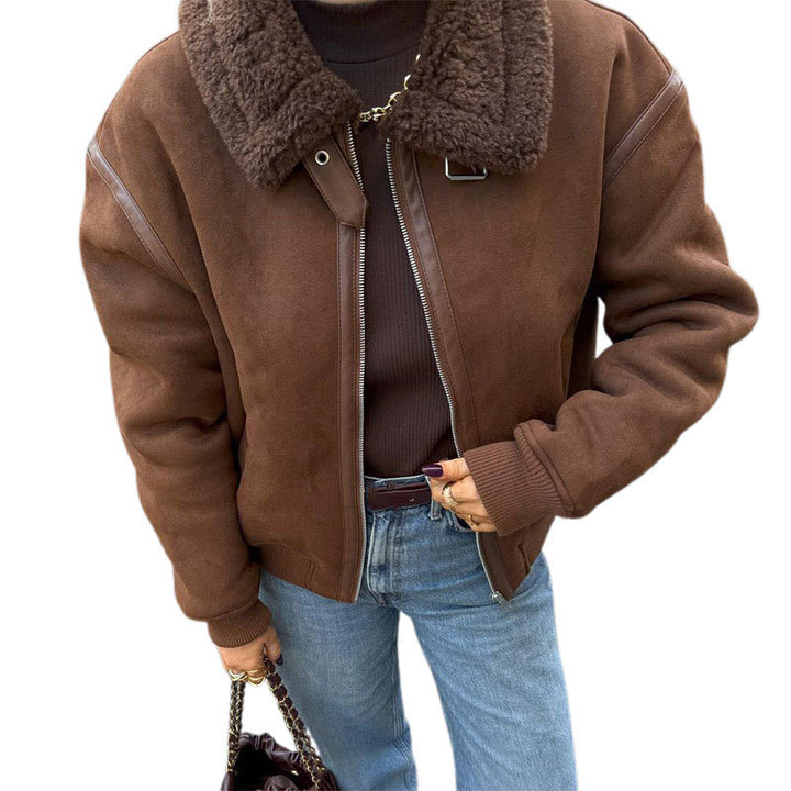 Damen Modische Lammfelljacke mit trendigem Kragen Drune