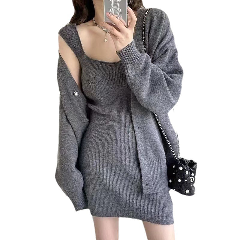 Damen Langstrickkleid mit tiefem V-Ausschnitt und lässiger Knopfleiste Drune