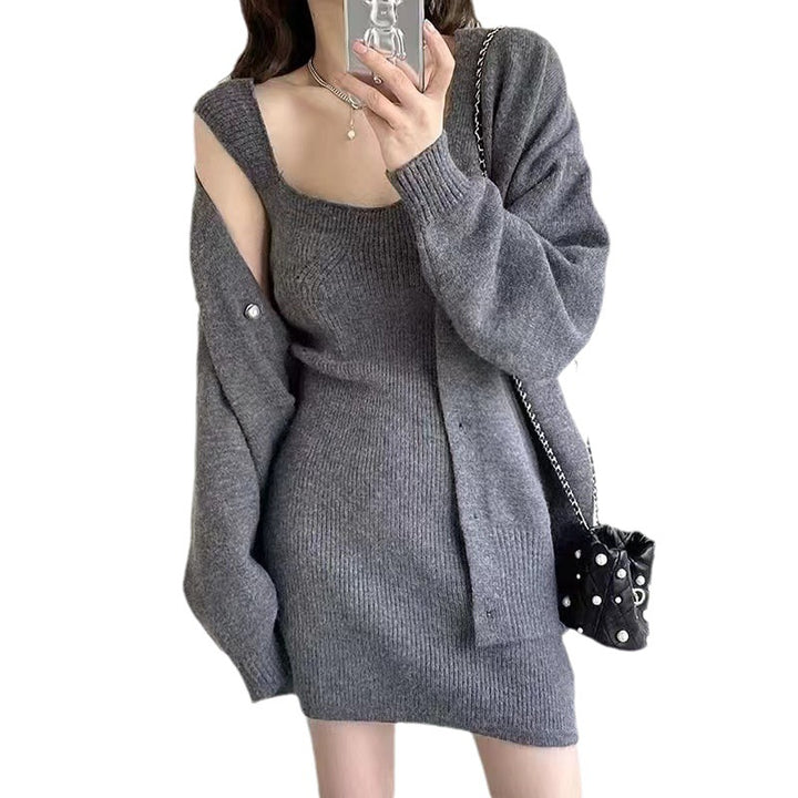 Damen Langstrickkleid mit tiefem V-Ausschnitt und lässiger Knopfleiste Drune