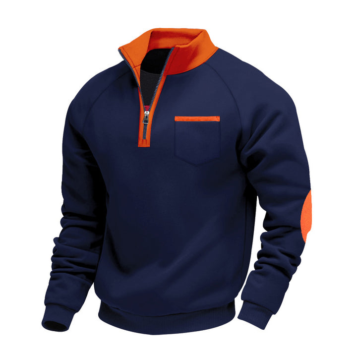 Herren Raglan-Halbzip-Sweatshirt mit Stehkragen, Brusttasche & Ellbogenapplikation Drune
