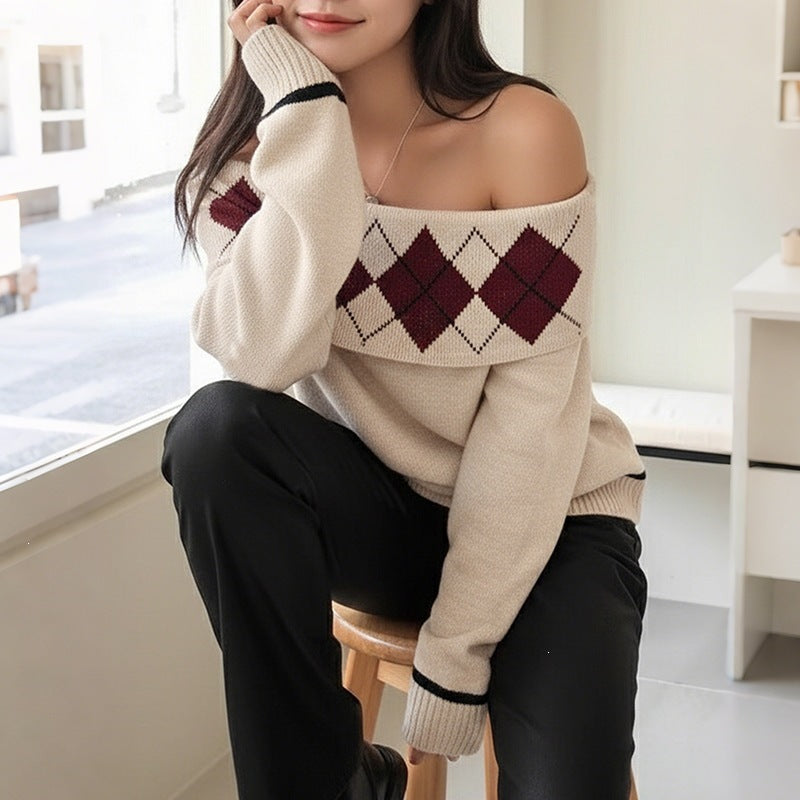 Damen Lässiger Strickpullover mit Off-Shoulder Design Drune