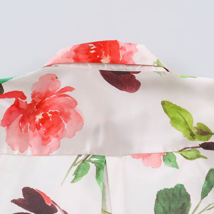 Damen Leichte seidenähnliche Hemdbluse mit Aquarell-Blütenprint und Kontrastborte Drune