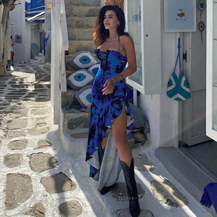 Damen Boho Maxikleid mit floralem Print und Schnürung Drune