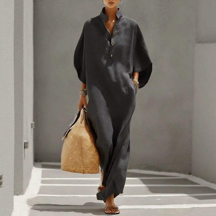 Damen Weites Kaftan-Midikleid mit Stehkragen und 3-Knopf-Blende Drune