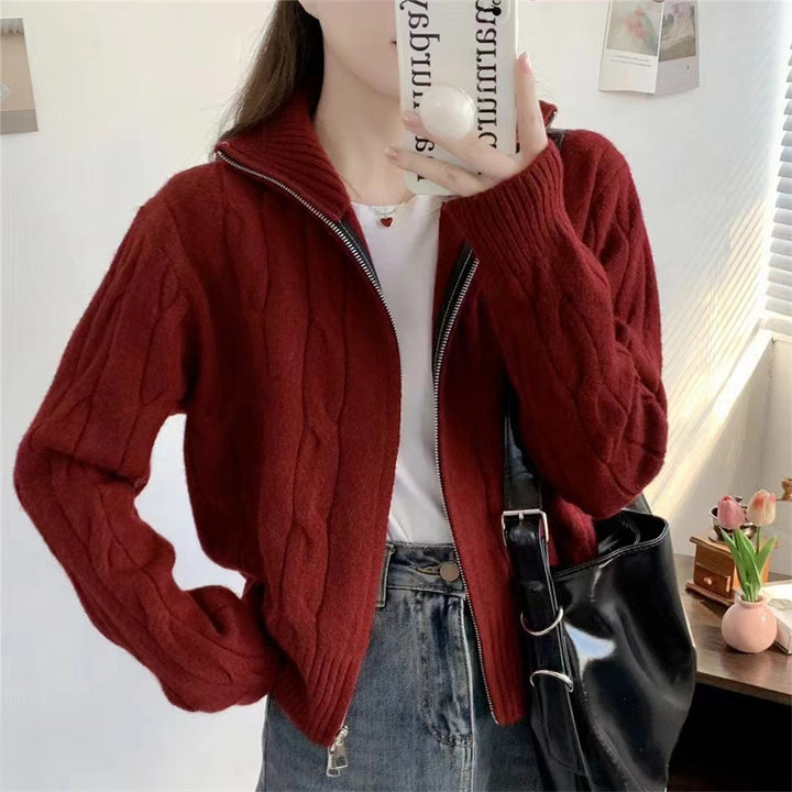 Damen Strickjacke mit Reißverschluss und Kordelzug Drune