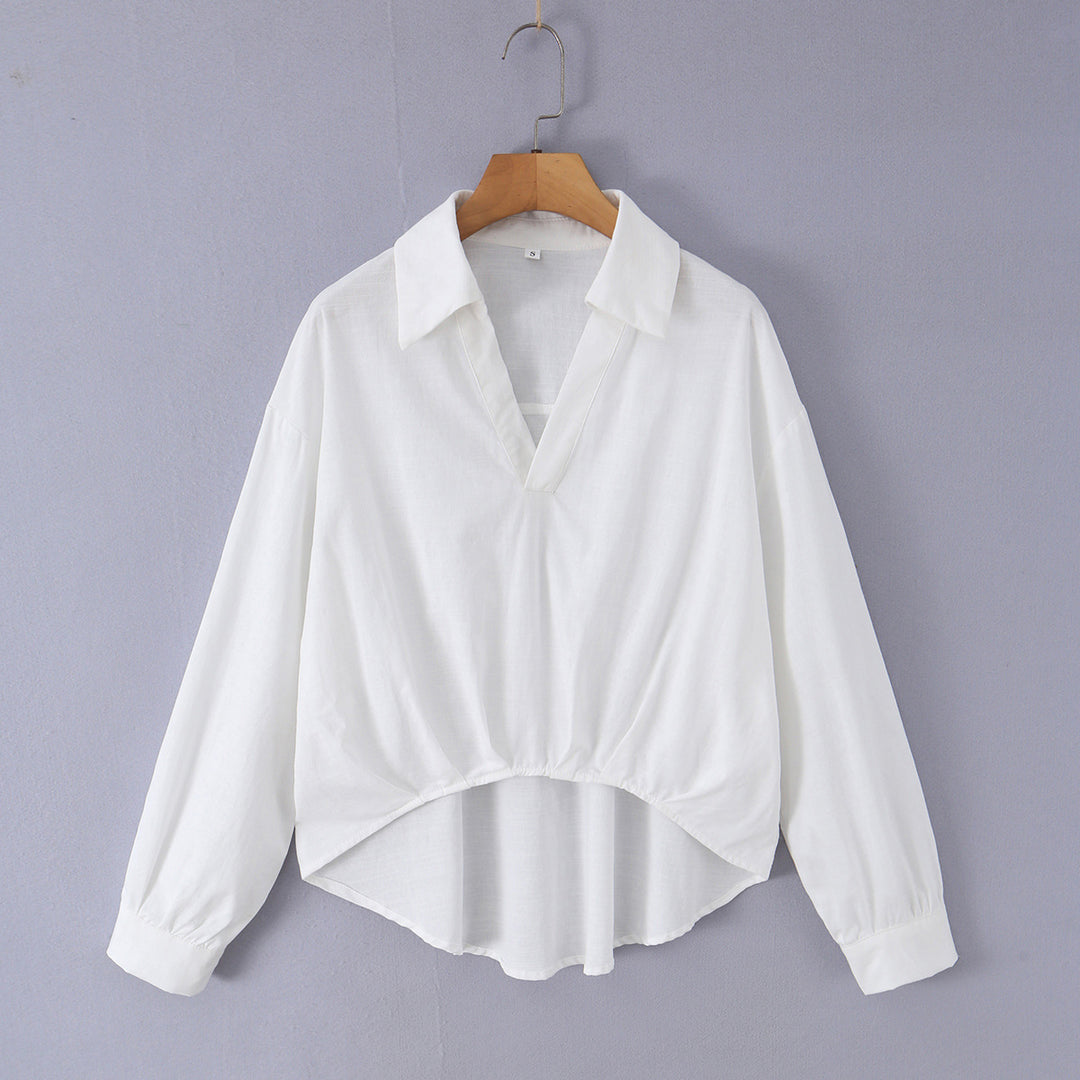 Damen nan lockere Baumwollbluse mit V-Ausschnitt, Hemdkragen und gerafftem Zipfelsaum Drune