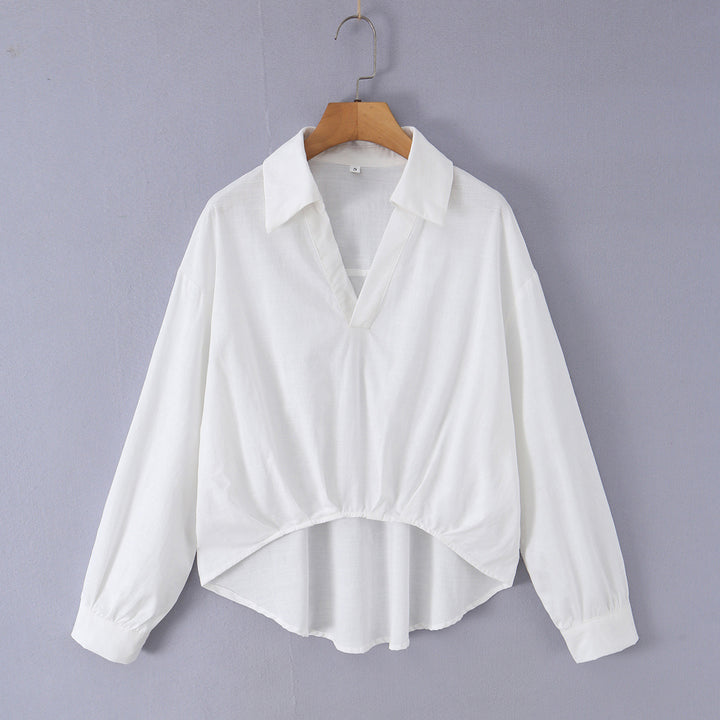 Damen nan lockere Baumwollbluse mit V-Ausschnitt, Hemdkragen und gerafftem Zipfelsaum Drune