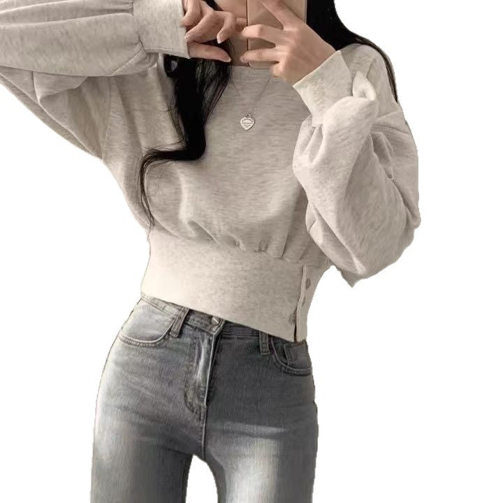Damen modischer cropped Sweatpullover mit Puffärmeln Drune