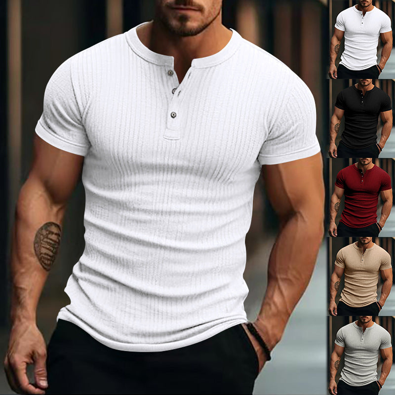 Herren nan eng anliegendes Kurzarm-Henleyshirt mit Rippenstruktur und kurzer Knopfleiste Drune