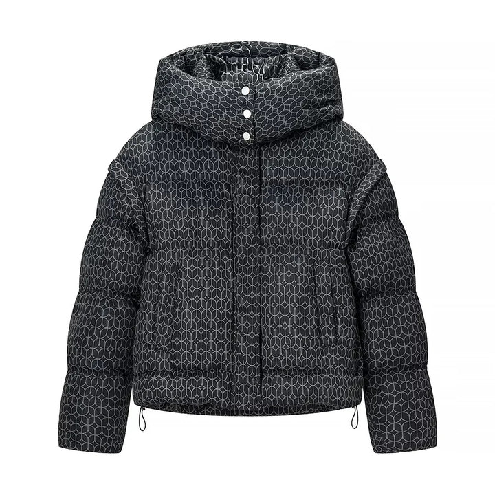 Damen nan kurze Boxy-Steppjacke mit grafischem Quiltmuster, großer Kapuze, verdeckter Druckknopfleiste und Tunnelzugsaum Drune