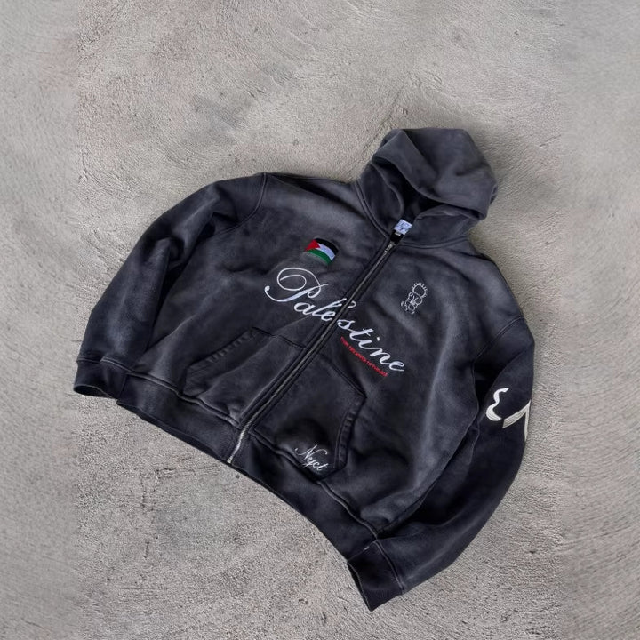 Unisex nan Oversize Kapuzensweat-Set im Vintage-Look mit Reißverschluss, aussagekräftiger Stickerei und weitem Sweatpant Drune