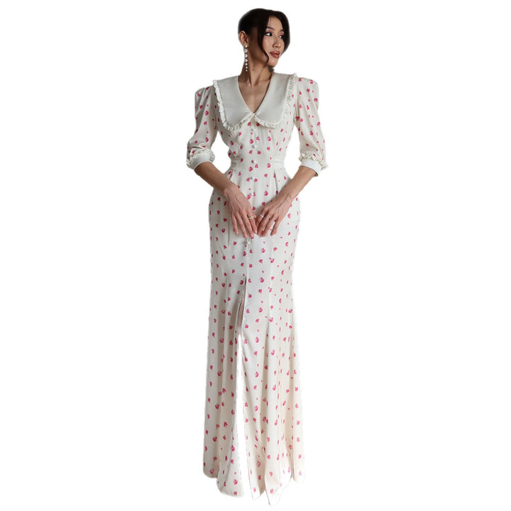 Damen Maxikleid mit eleganter Kragenkante und floralen Akzenten Drune