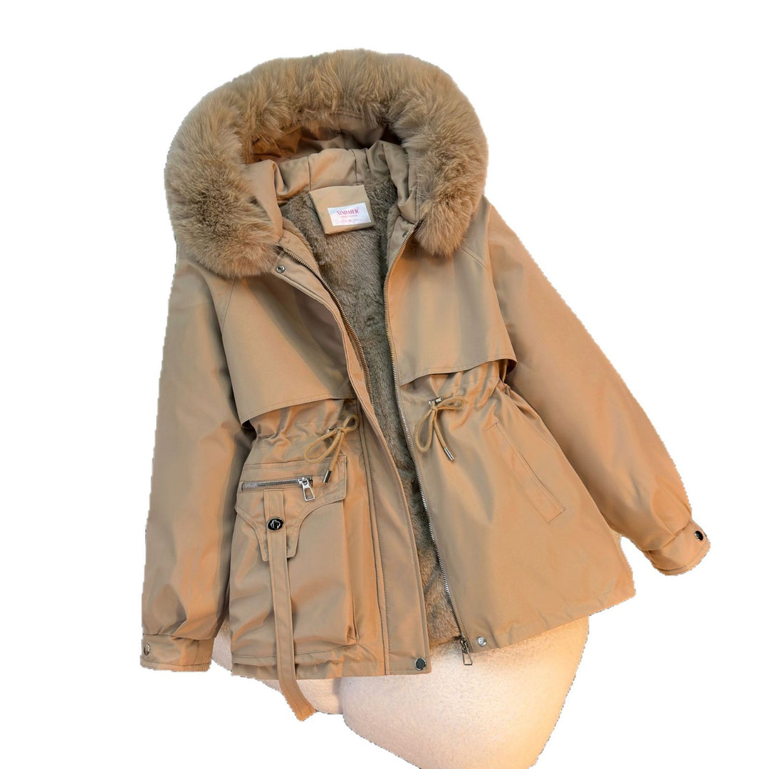 Damen nan kurze gefütterte Parka mit Kunstpelzkragen Teddyfutter Taillenzug und Multifunktions-Taschen Drune