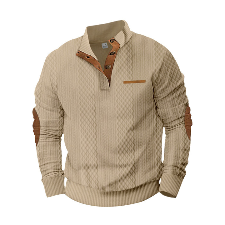 Herren Strukturiertes Kabelstrick-Sweatshirt mit Halbknopfblende, Kunstleder‑Patchtasche & Ellbogenpatches Drune