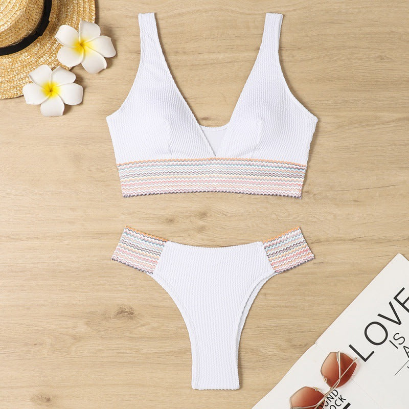 Damen Wellenmuster Bikini-Set mit tiefem V-Ausschnitt Drune
