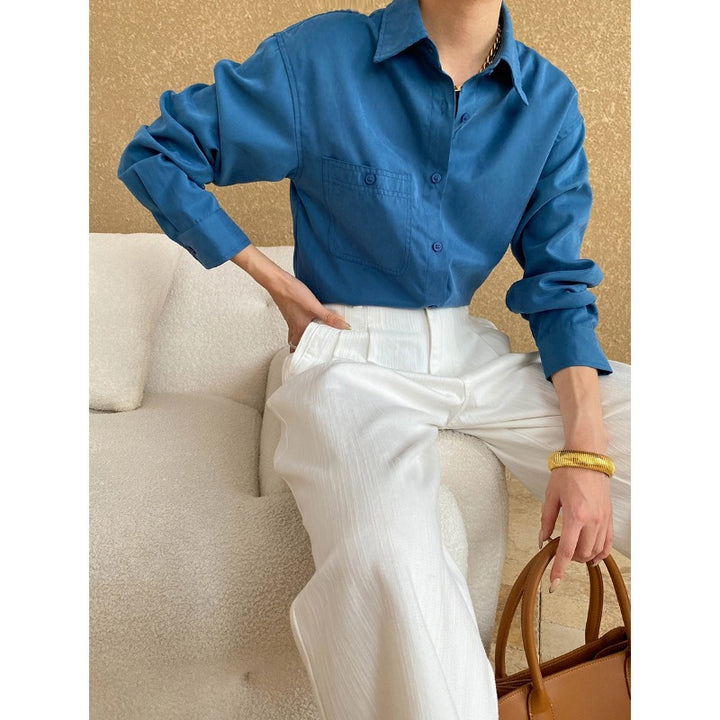 Damen lässige Bluse mit Brusttasche und langen Ärmeln Drune