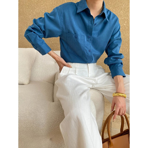 Damen lässige Bluse mit Brusttasche und langen Ärmeln Drune