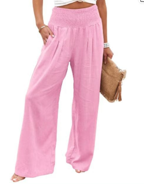 Damen weite Leinenhose mit elastischem Taillenbund und seitlichen Falten Drune