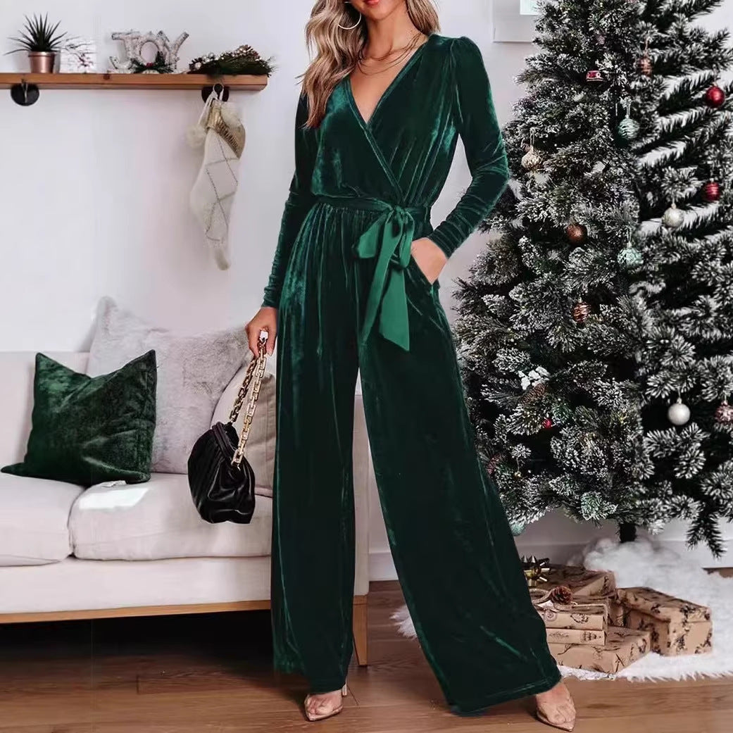 Damen Samt‑Jumpsuit mit Wickel‑V‑Ausschnitt, weitem Bein und Taillengürtel Drune