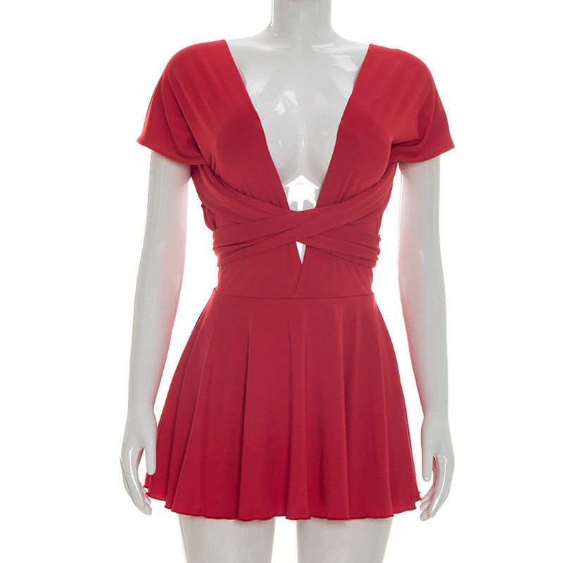 Damen Elegantes Wickelkleid mit tiefem V-Ausschnitt und fließendem Rock Drune
